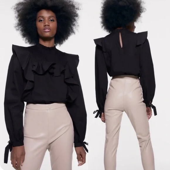 Zara Black Ruffle Smocked Long Sleeve Blouse Top - Picture 2 of 10